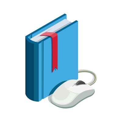 Online education isometric conceptual icon with computer mouse and book 3d vector illustration