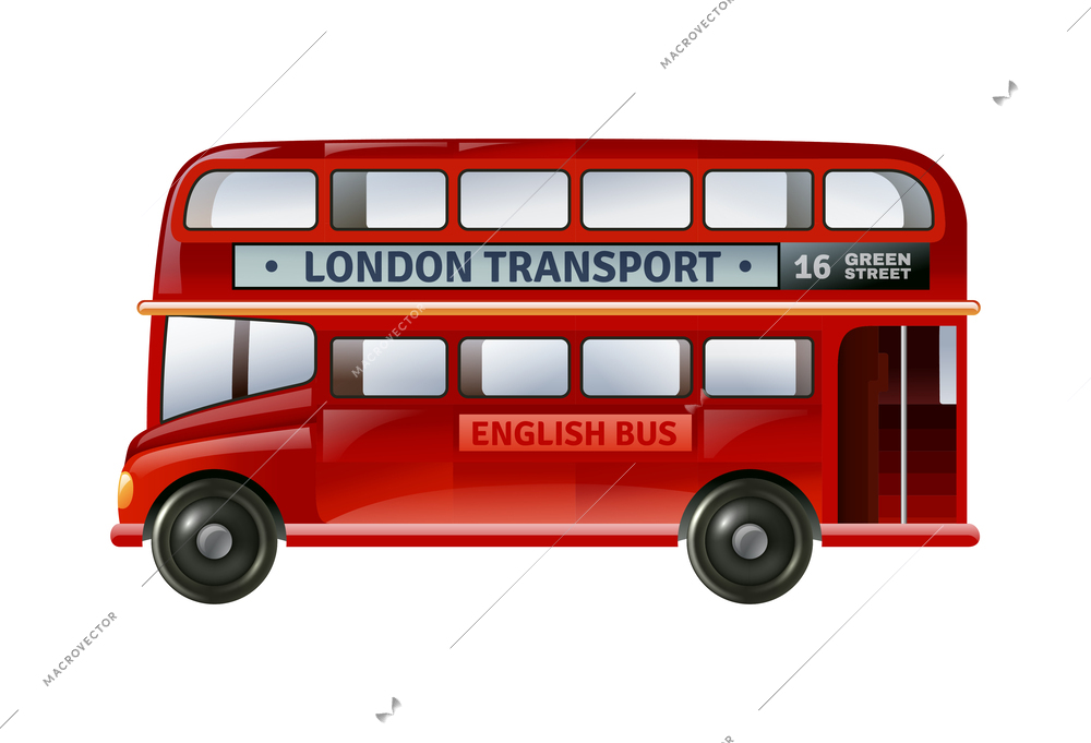 Realistic red double decker bus london transport side view vector illustration