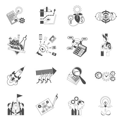 Business startup concept for innovative ideas successful realization black graphic silhouette icons collection abstract isolated vector illustration