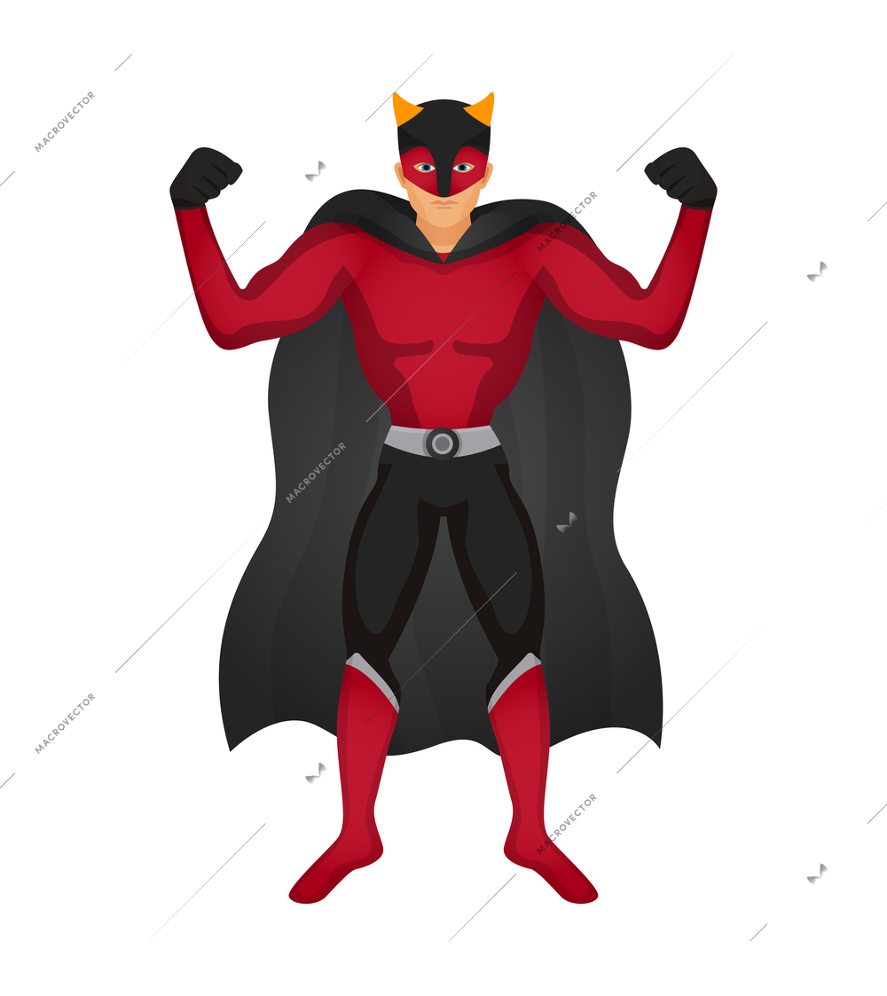 Strong male superhero character wearing cape cartoon vector illustration