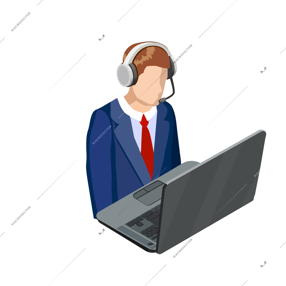 Online education isometric icon with student listening to lecture in headphones vector illustration