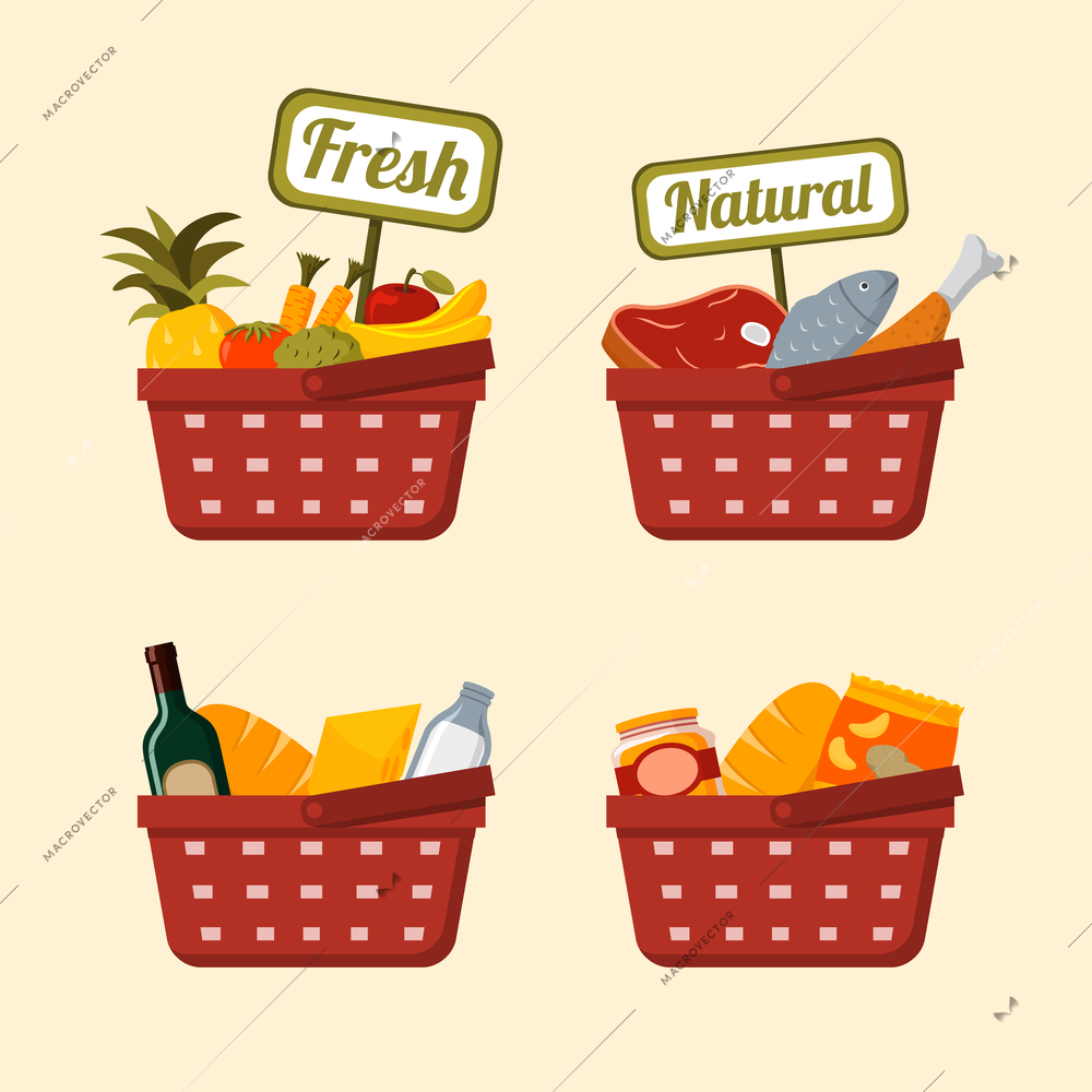 Shopping basket set with supermarket fresh and natural vegetables fruits meat chicken and fish isolated vector illustration