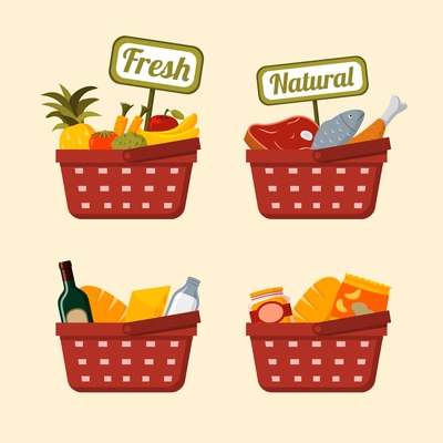 Shopping basket set with supermarket fresh and natural vegetables fruits meat chicken and fish isolated vector illustration