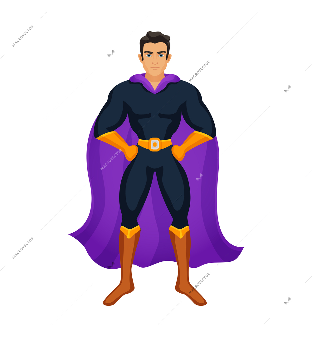 Cartoon male muscular superhero character wearing costume with cape vector illustration