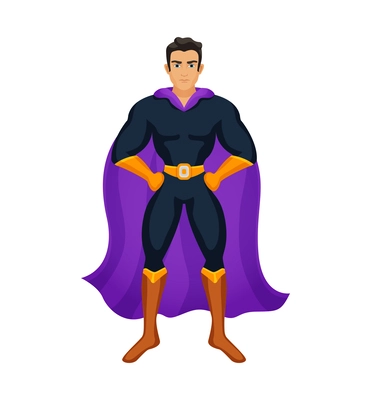 Cartoon male muscular superhero character wearing costume with cape vector illustration