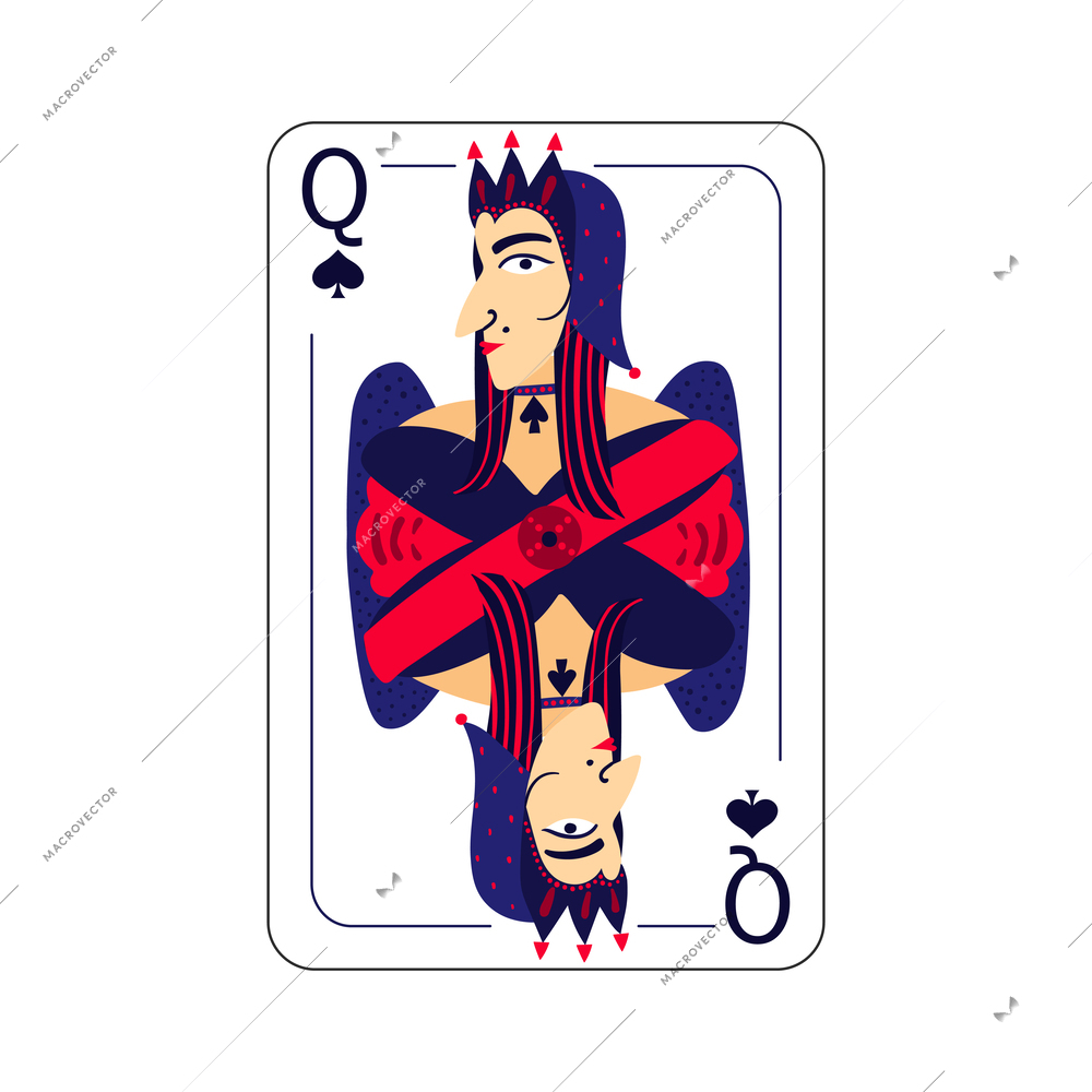 Queen of spades flat playing card on white background vector illustration