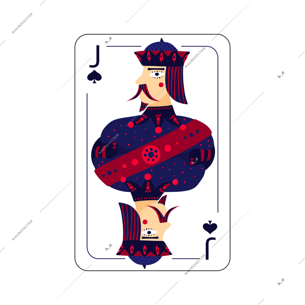 Knave of spades flat color playing card isolated on white background vector illustration