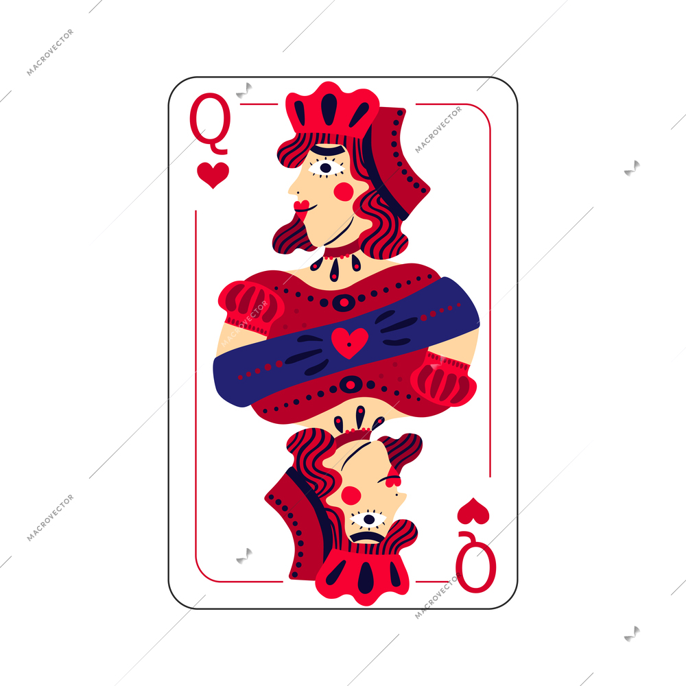 Flat playing card queen of hearts vector illustration