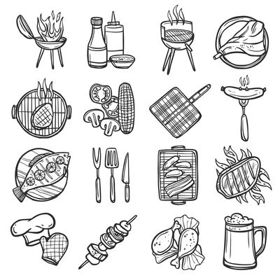 Bbq grill sketch decorative icons set with meat sauces and kitchen equipment isolated vector illustration