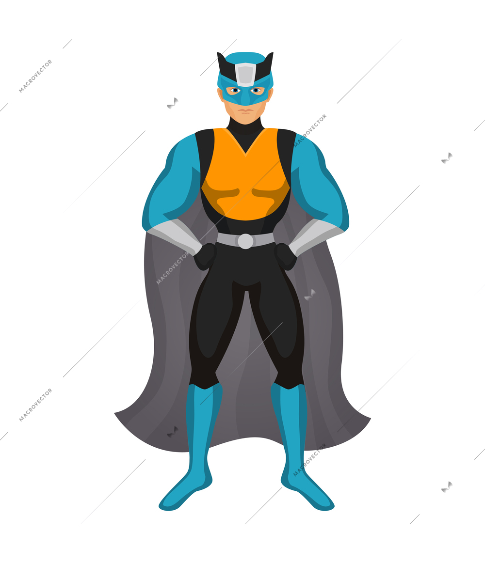 Cartoon male character dressed in superhero costume and mask vector illustration