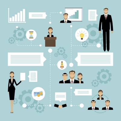 Business meeting concept with flat people silhouettes and icons of time money launch success vector illustration