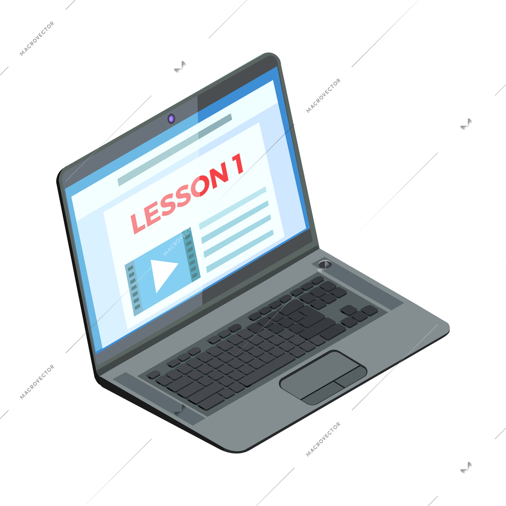 Online education isometric icon with lesson video on laptop monitor vector illustration