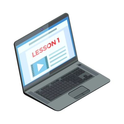 Online education isometric icon with lesson video on laptop monitor vector illustration