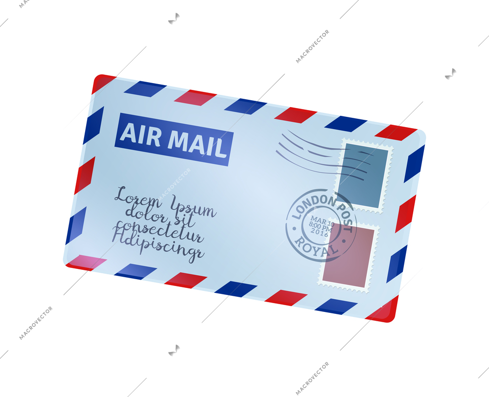 Realistic international air mail envelope from london vector illustration
