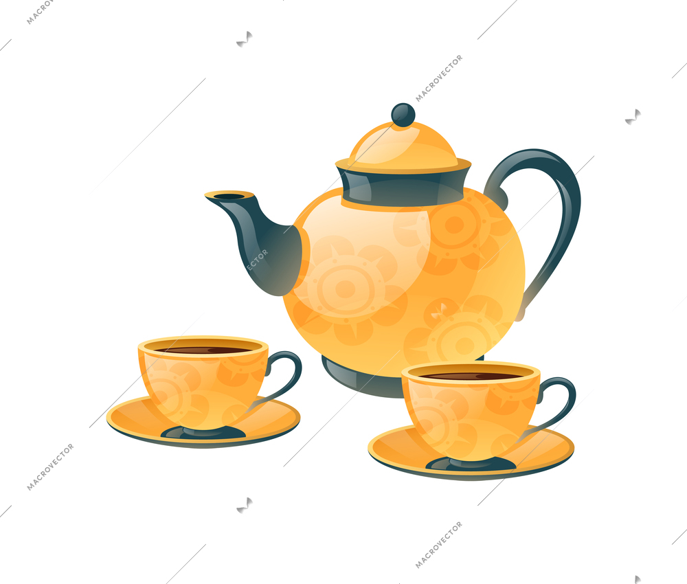 Ceramic yellow teapot and two cups with tea realistic vector illustration