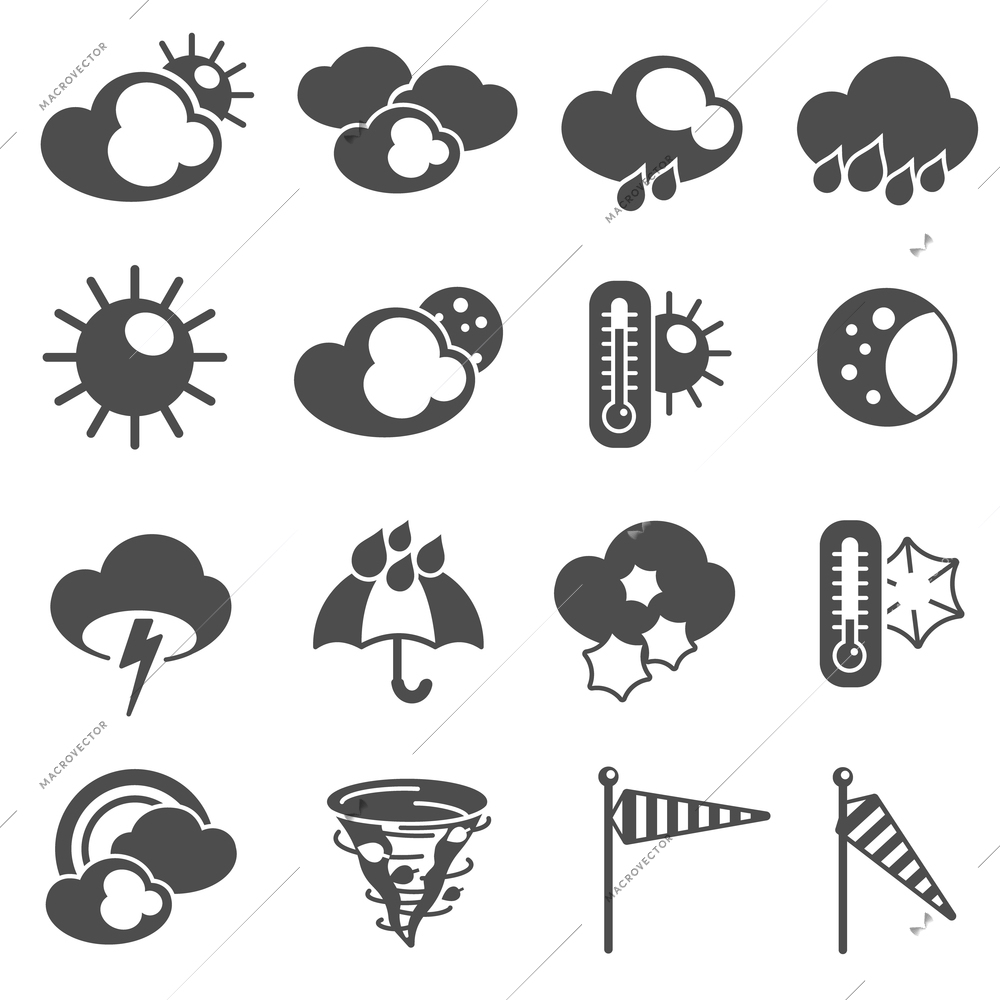 Weather forecast symbols black pictograms set with thermometer and stormy clouds icons abstract graphic isolated vector illustration