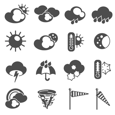 Weather forecast symbols black pictograms set with thermometer and stormy clouds icons abstract graphic isolated vector illustration