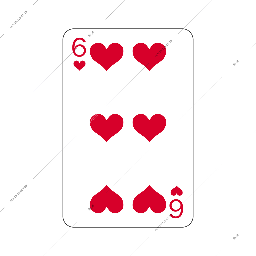 Six of hearts playing card flat vector illustration