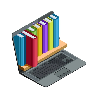 Online education electronic library on laptop isometric icon vector illustration