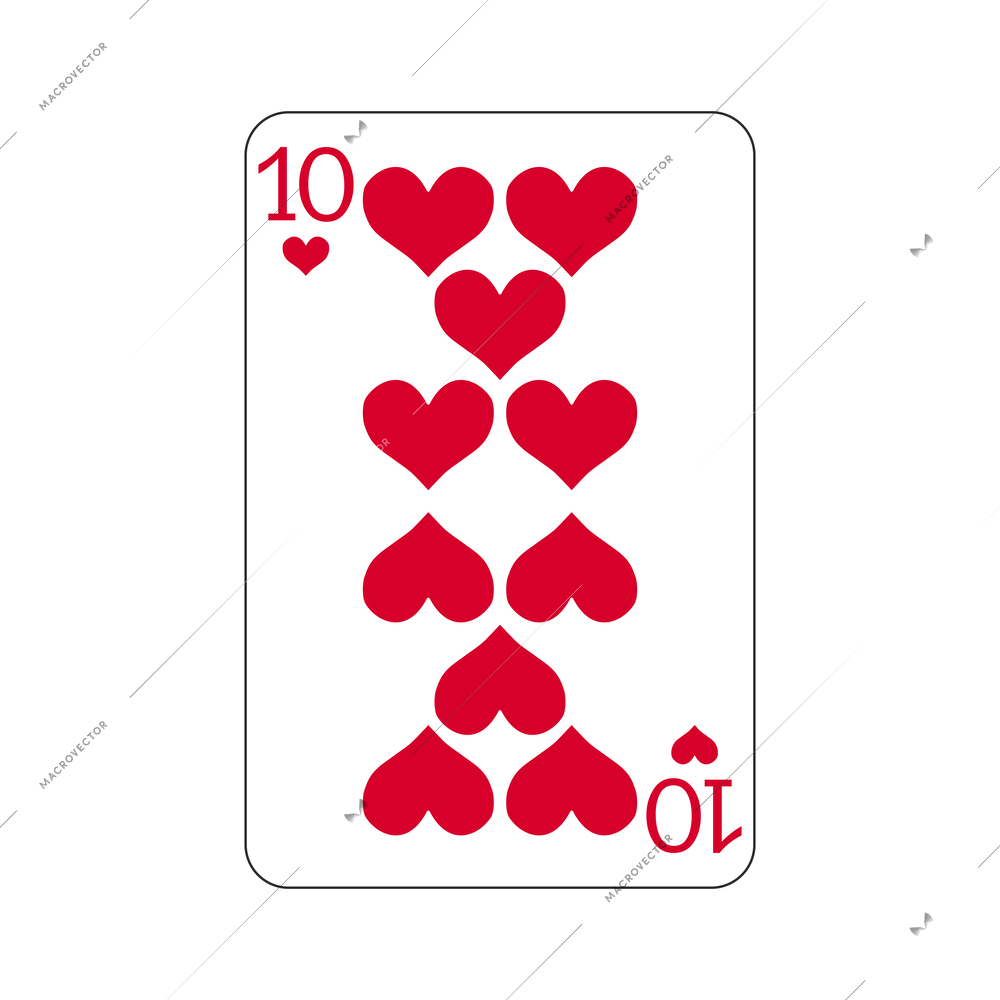 Playing card ten of hearts on white background flat isolated vector illustration
