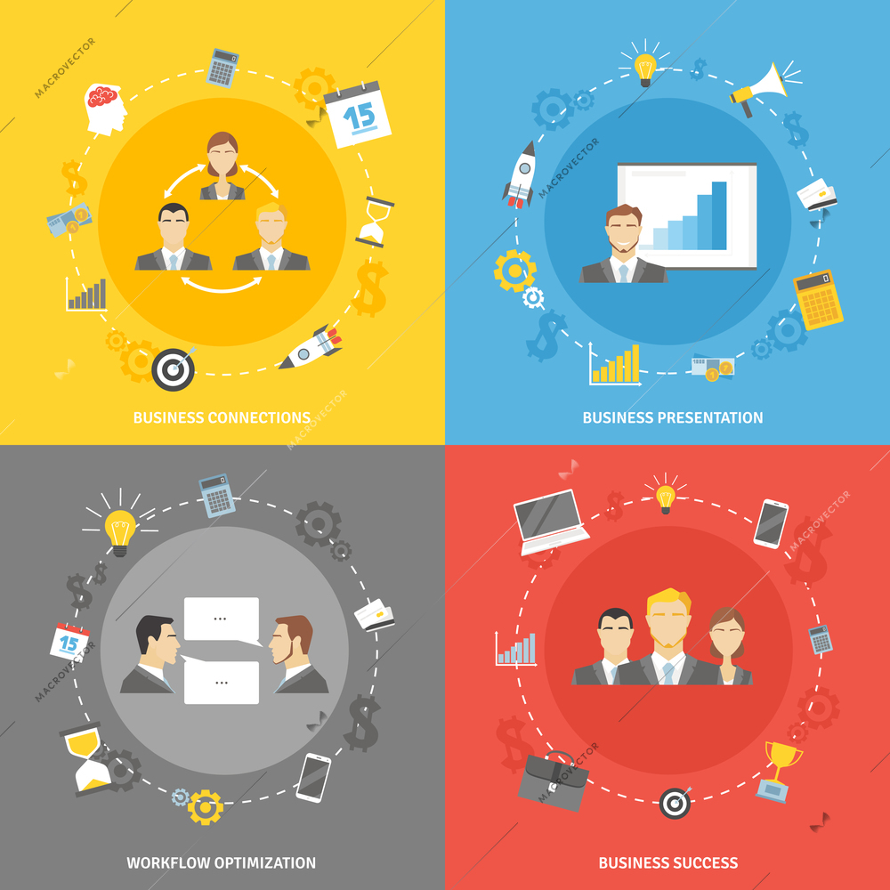 Business presentation workflow optimization and success concept flat icons set isolated vector illustration