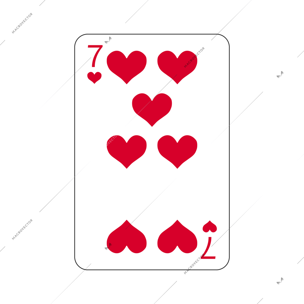 Playing card seven of hearts flat vector illustration