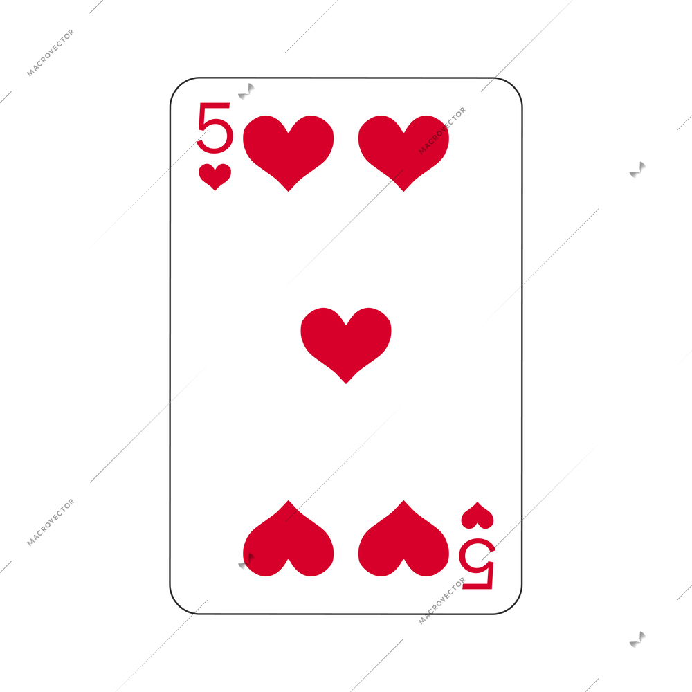 Playing card five of hearts in flat style vector illustration