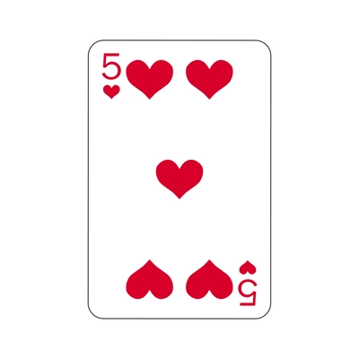 Playing card five of hearts in flat style vector illustration