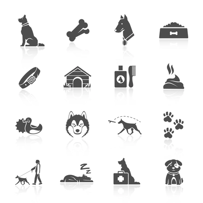 Pet icons set with dog walking running guard isolated vector illustration