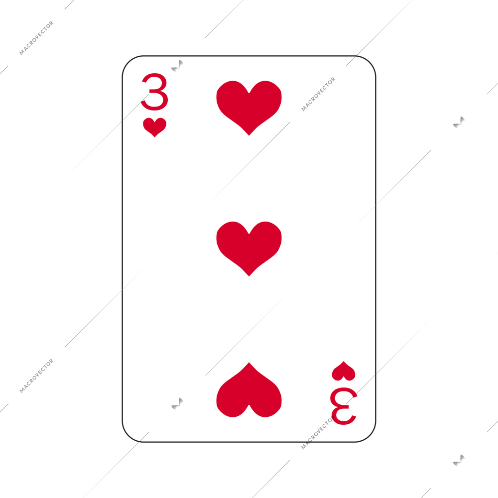 Playing card three of hearts flat vector illustration