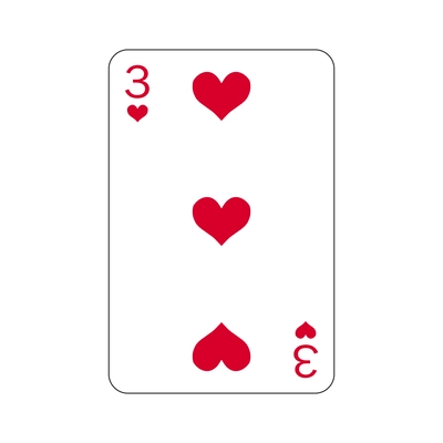 Playing card three of hearts flat vector illustration