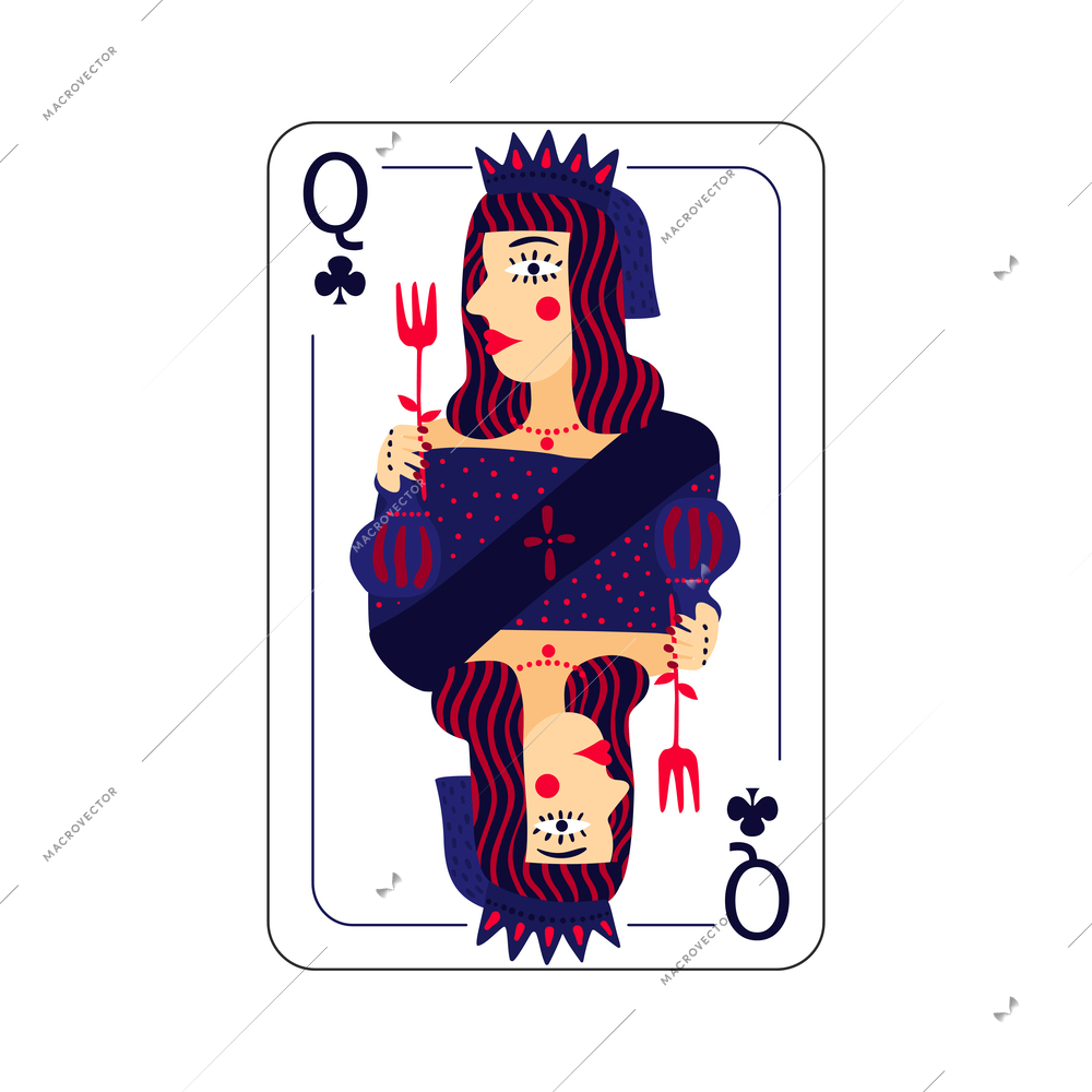 Flat queen of clubs playing card isolated vector illustration