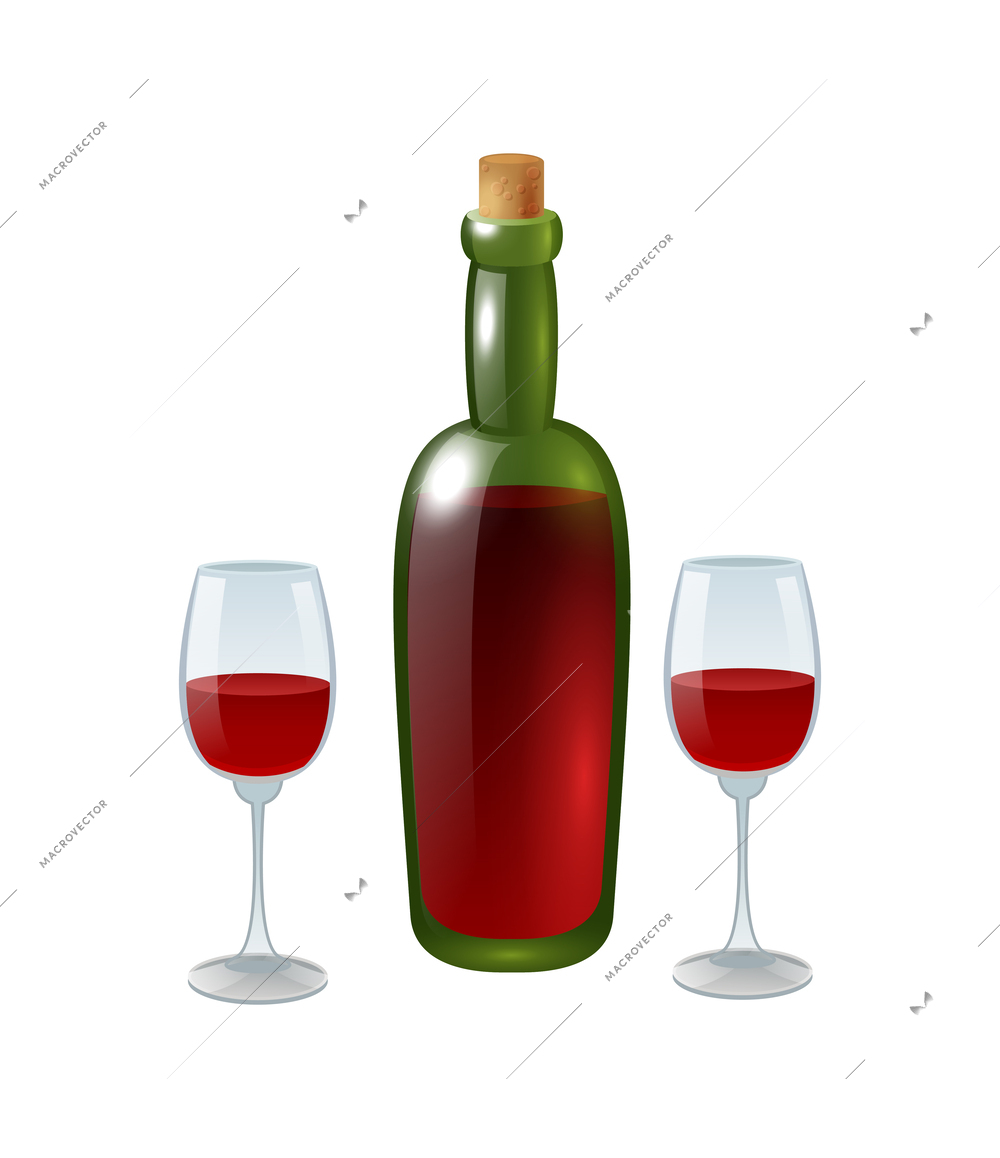 Bottle and two glasses of red wine cartoon vector illustration