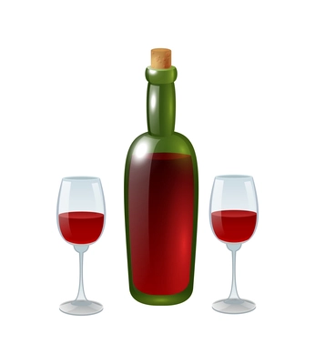 Bottle and two glasses of red wine cartoon vector illustration