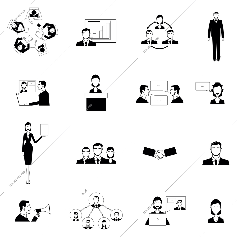 Black and white business meeting flat on the white background icons set isolated vector illustration