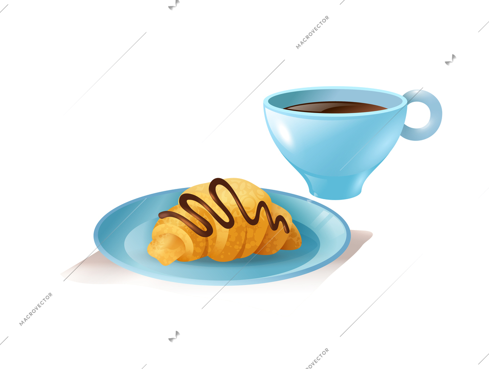 Fresh french croissant with chocolate and cup of coffee cartoon vector illustration