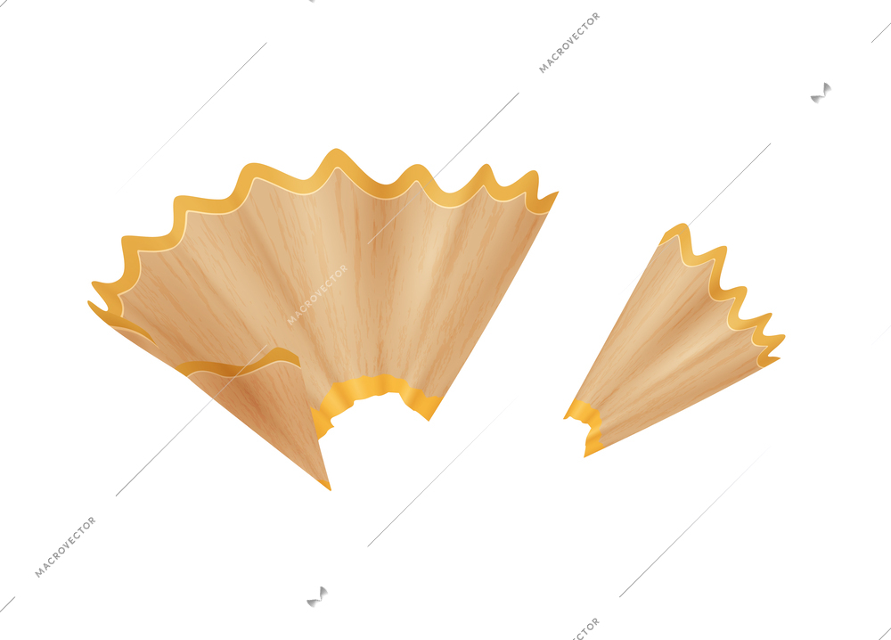 Realistic wooden yellow pencil shavings isolated on white background vector illustration