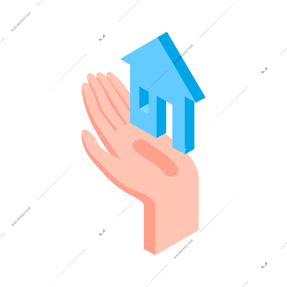 House insurance service isometric icon with building image on human hand vector illustration