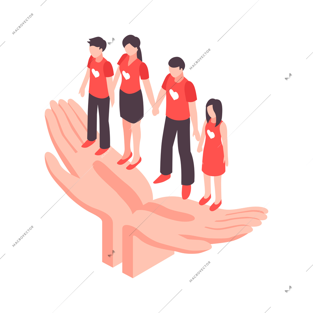 Insurance services isometric conceptual icon with human hands holding family vector illustration