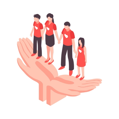 Insurance services isometric conceptual icon with human hands holding family vector illustration