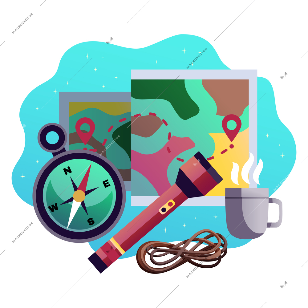 Hiking and camping flat composition with various tools for travelling adventure vector illustration