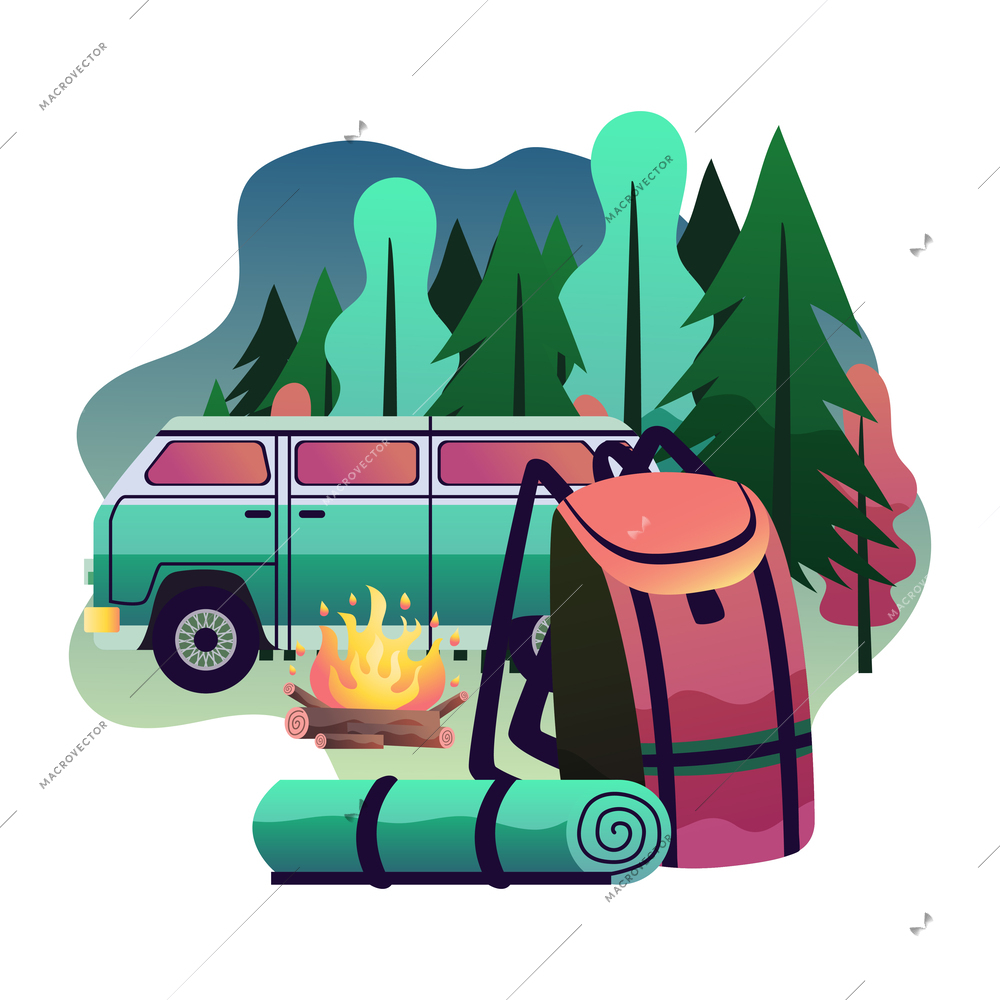 Hiking camping travel adventure flat composition with caravan backpack campfire in forest vector illustration