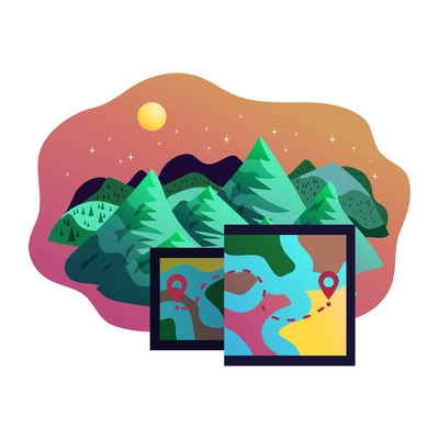 Hiking camping travel adventure flat composition with mountain landscape and location pins on map vector illustration