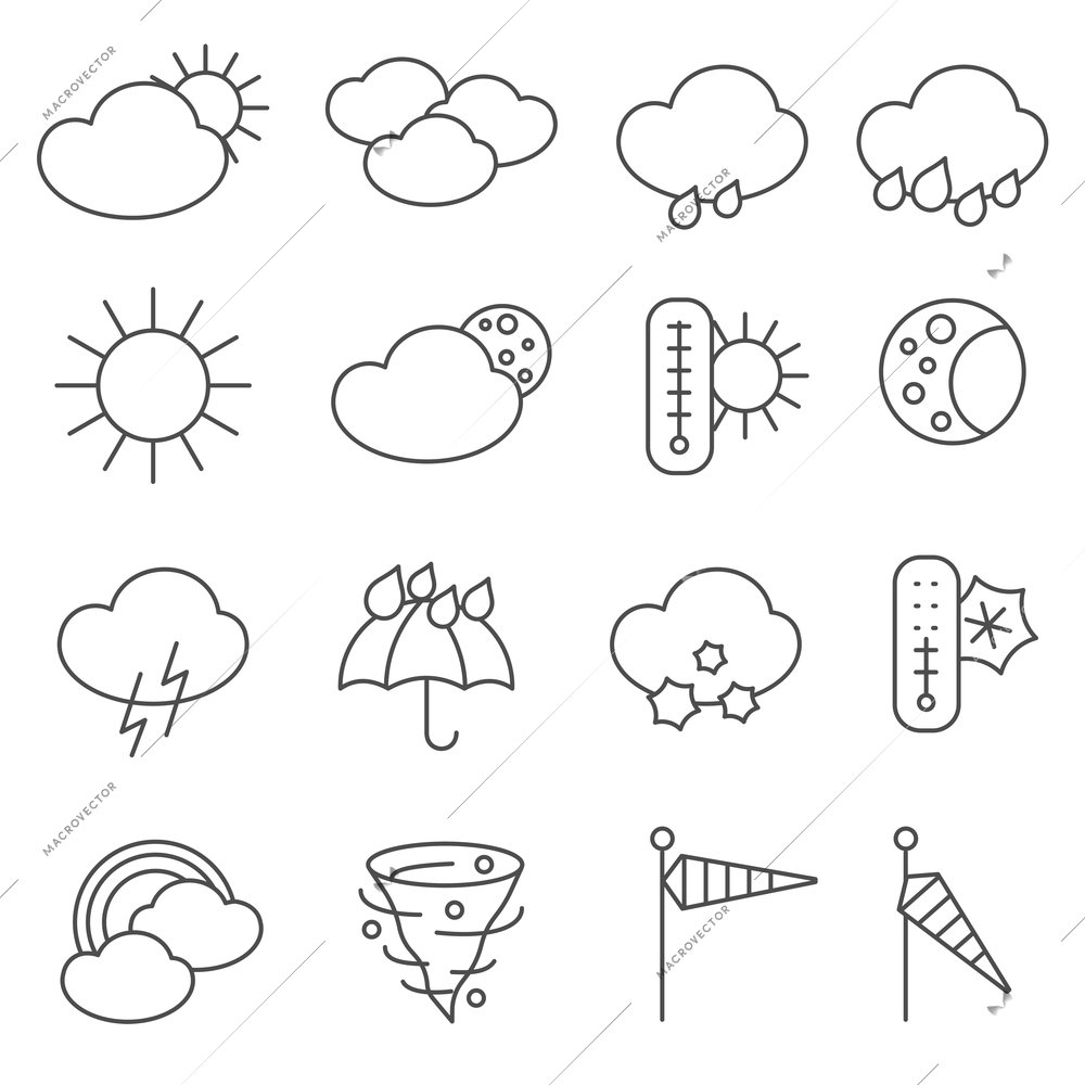 Weather forecast icons outlined pictograms set with rain drops and umbrella symbols black abstract isolated vector illustration