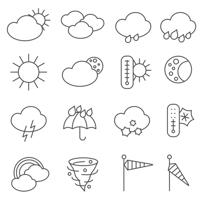 Weather forecast icons outlined pictograms set with rain drops and umbrella symbols black abstract isolated vector illustration