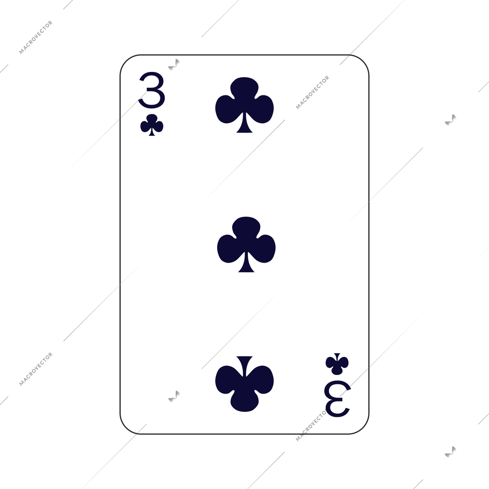 Playing card three of clubs flat vector illustration