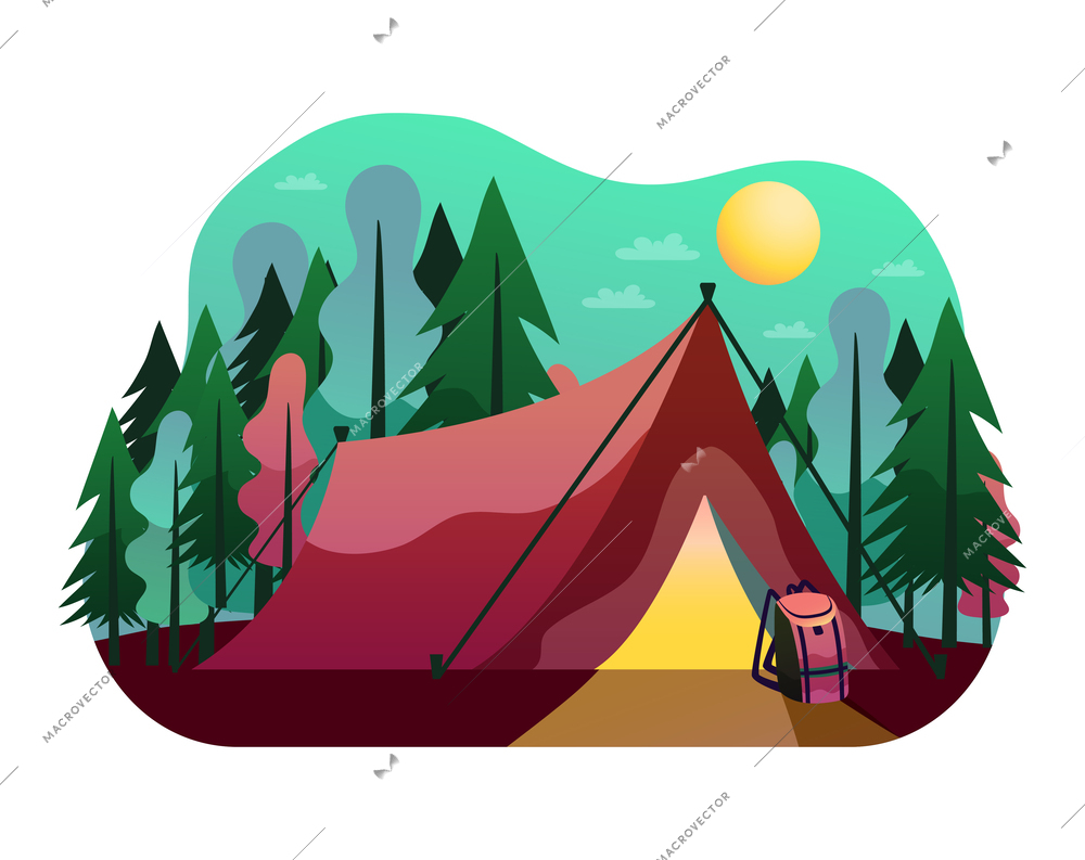 Hiking camping flat composition with tent and backpack in background with forest vector illustration
