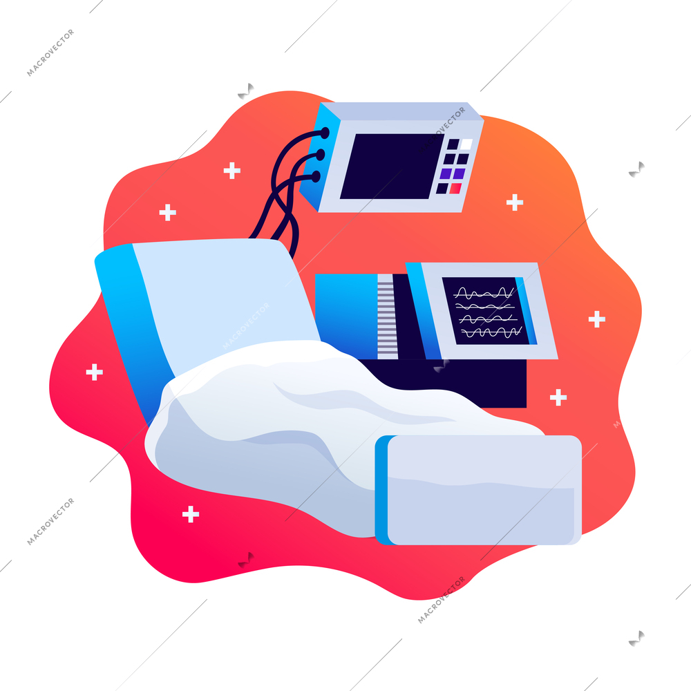 Modern monitoring equipment near hospital bed flat concept vector illustration