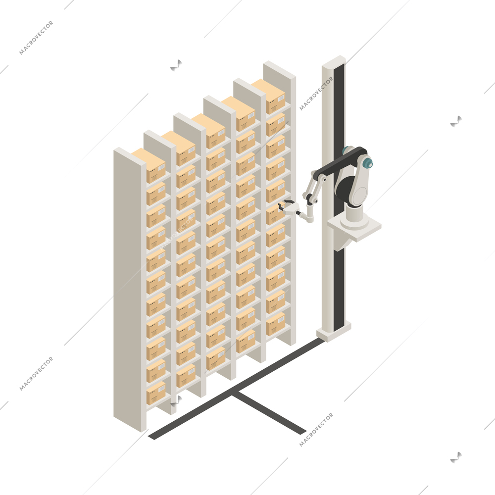 Smart warehouse supermarket automated shopping technologies isometric icon with rack with boxes and robotic helper 3d vector illustration