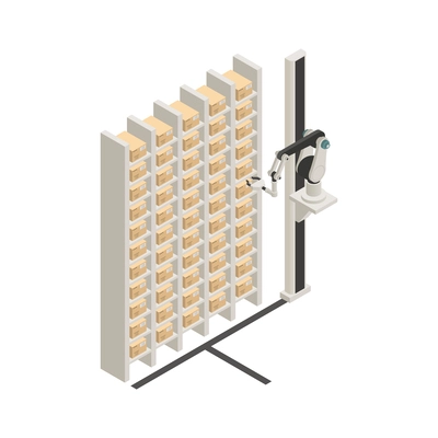 Smart warehouse supermarket automated shopping technologies isometric icon with rack with boxes and robotic helper 3d vector illustration